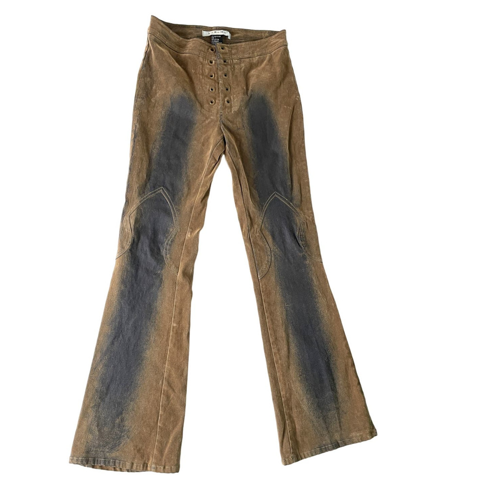 La Belle Vintage Velvet Burnout Flare Lace Up Jeans SZ 1, Tan and Blue
